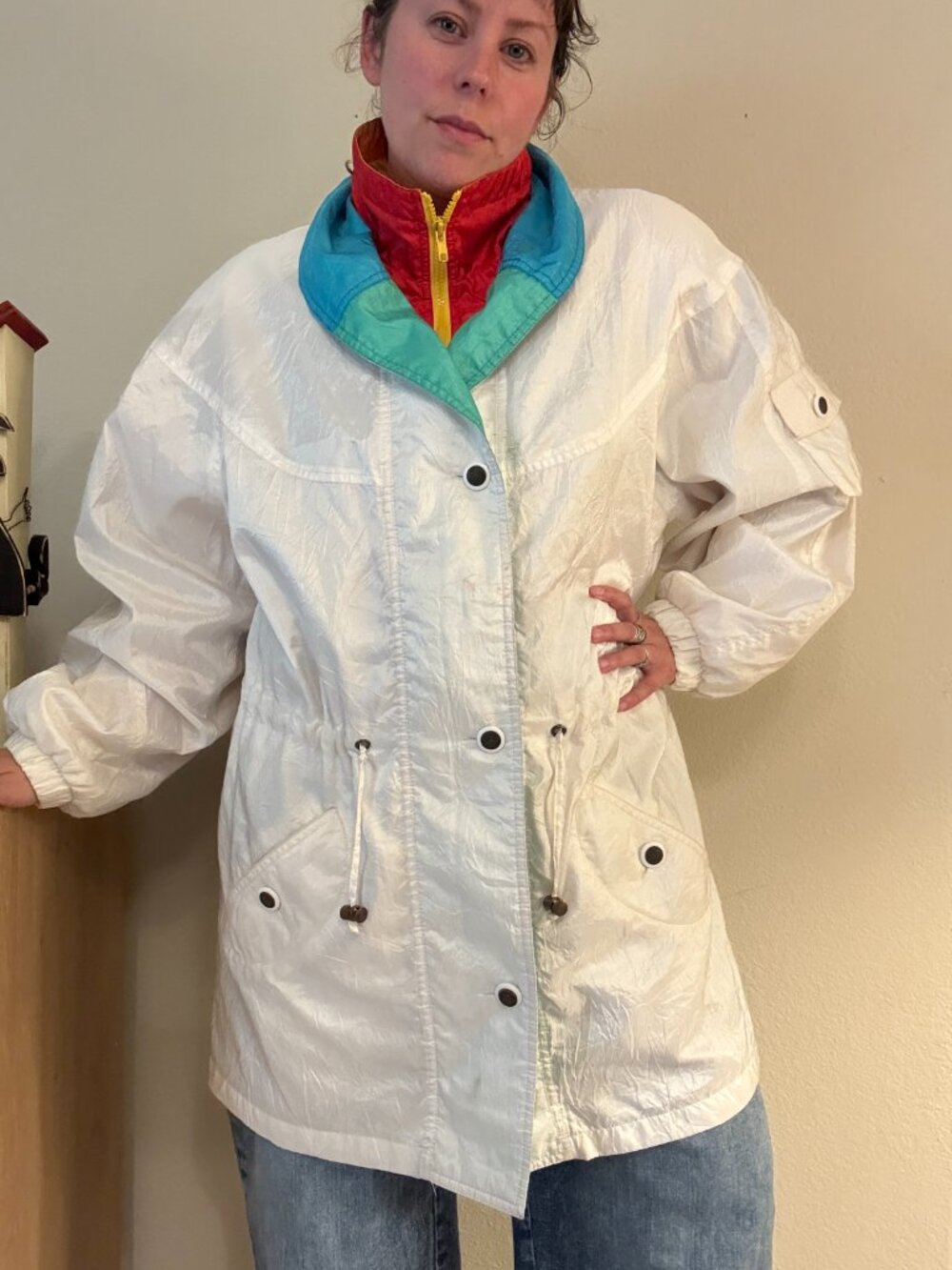 Vintage 80s 90s Nylon White Colorblock Windbreaker M/L